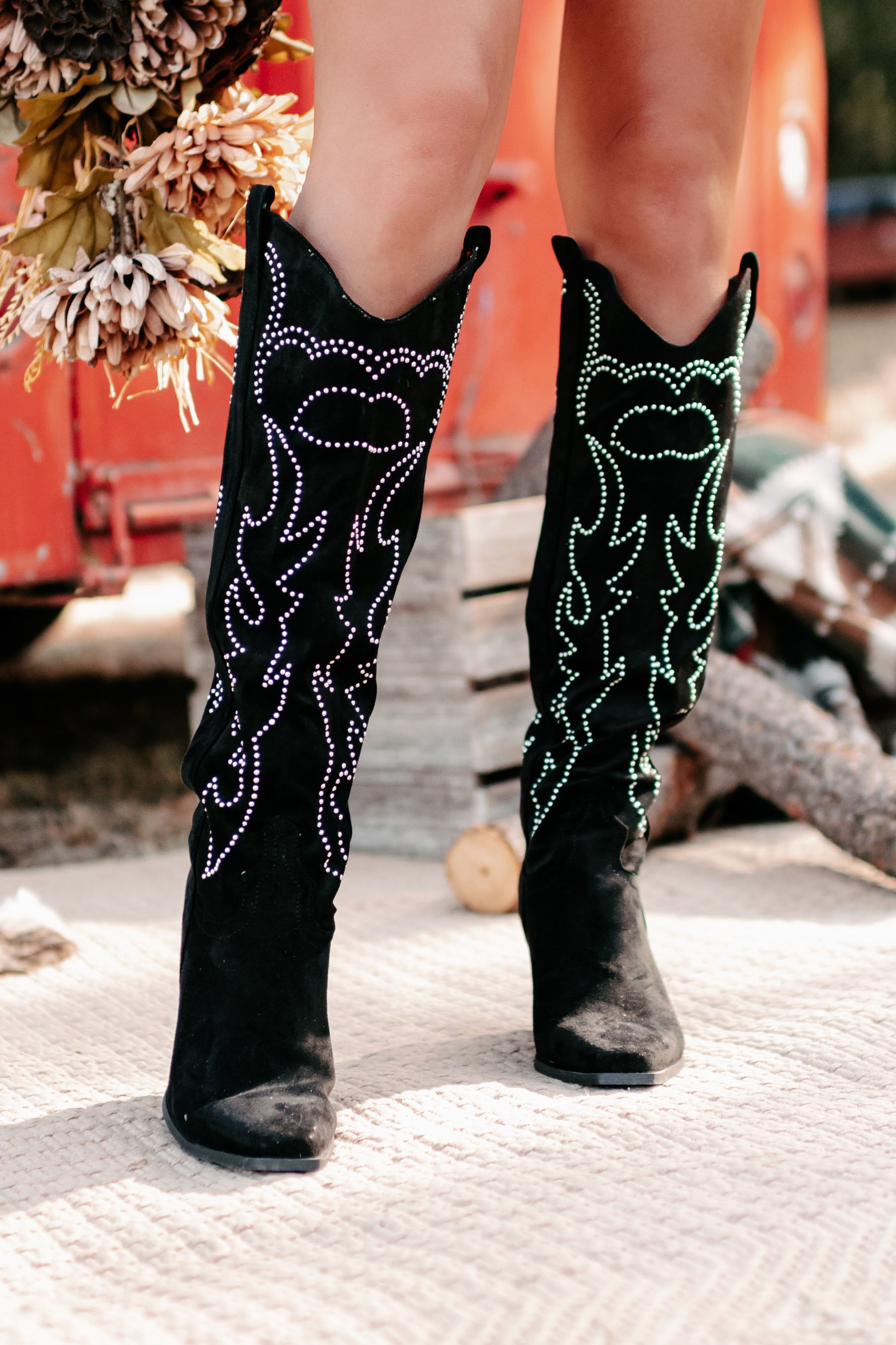 Celara Faux Suede Studded Billini Cowboy Boots (Black Suede) - NanaMacs