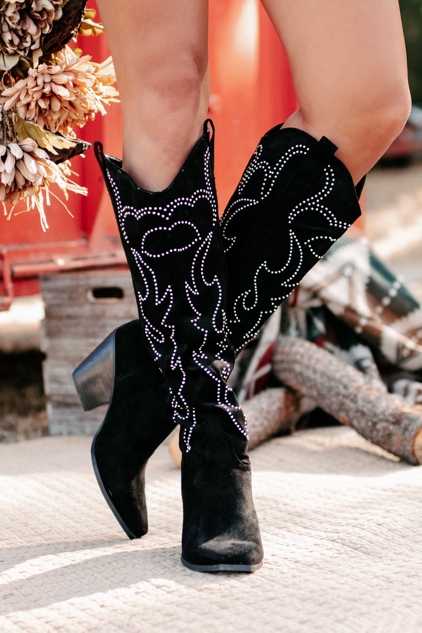 Celara Faux Suede Studded Billini Cowboy Boots (Black Suede) · NanaMacs