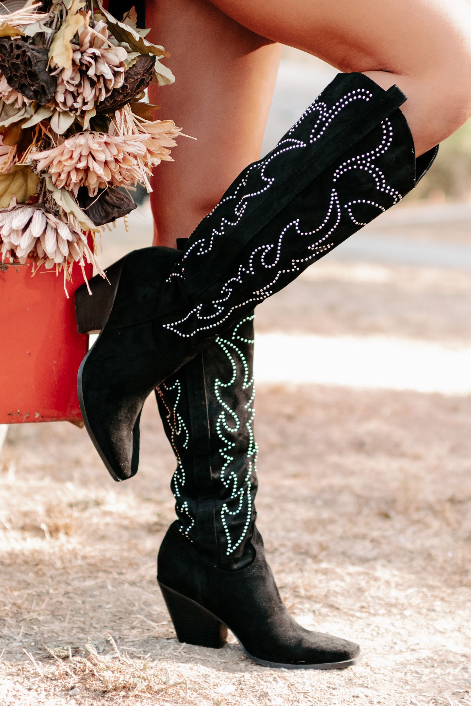 Celara Faux Suede Studded Billini Cowboy Boots (Black Suede) - NanaMacs