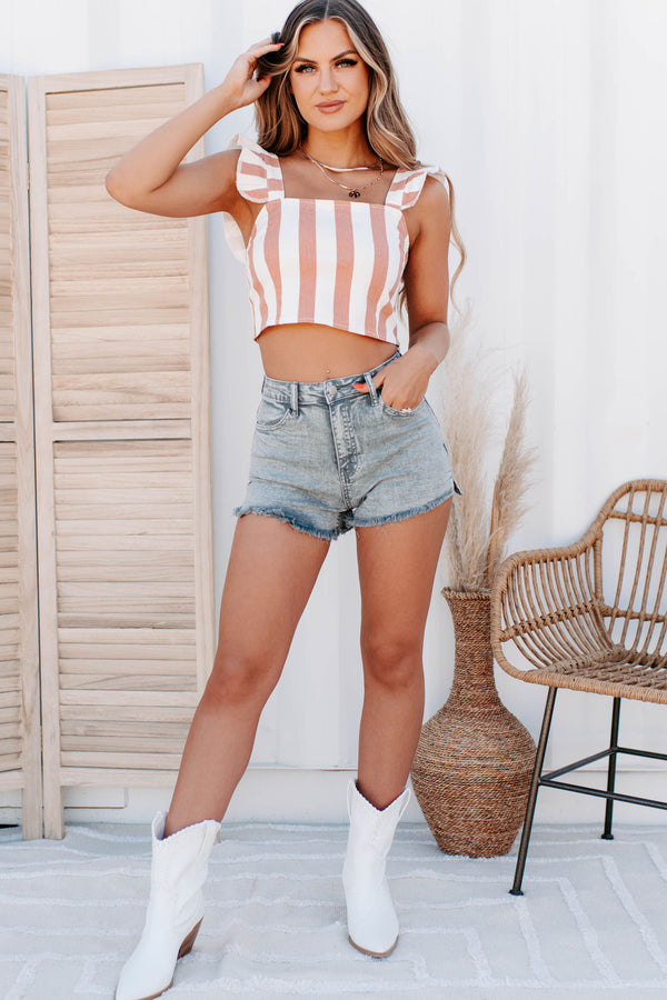 Rider Striped Ruffle Strap Crop Top (Burnt Coral) - NanaMacs