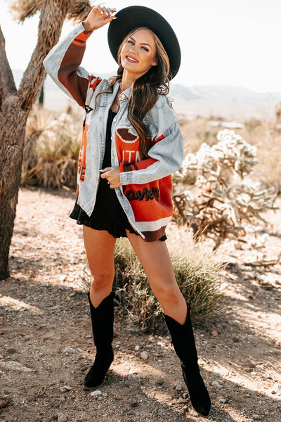 Better Pay Attention Oversized Denim/Knit Jacket (Denim/Rust) - NanaMacs