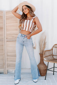 Rider Striped Ruffle Strap Crop Top (Cream/Rust) - NanaMacs