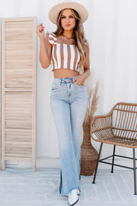 Rider Striped Ruffle Strap Crop Top (Cream/Rust) - NanaMacs