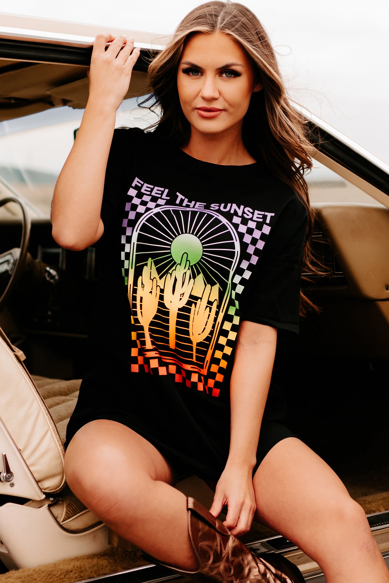 "Feel The Sunset" Oversized Graphic T-Shirt Dress (Black) - Print On Demand - NanaMacs