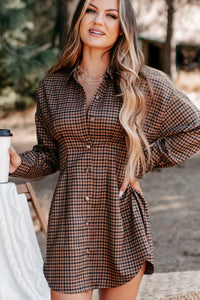 Divine Timing Houndstooth Button Up Dress (Brown) - NanaMacs