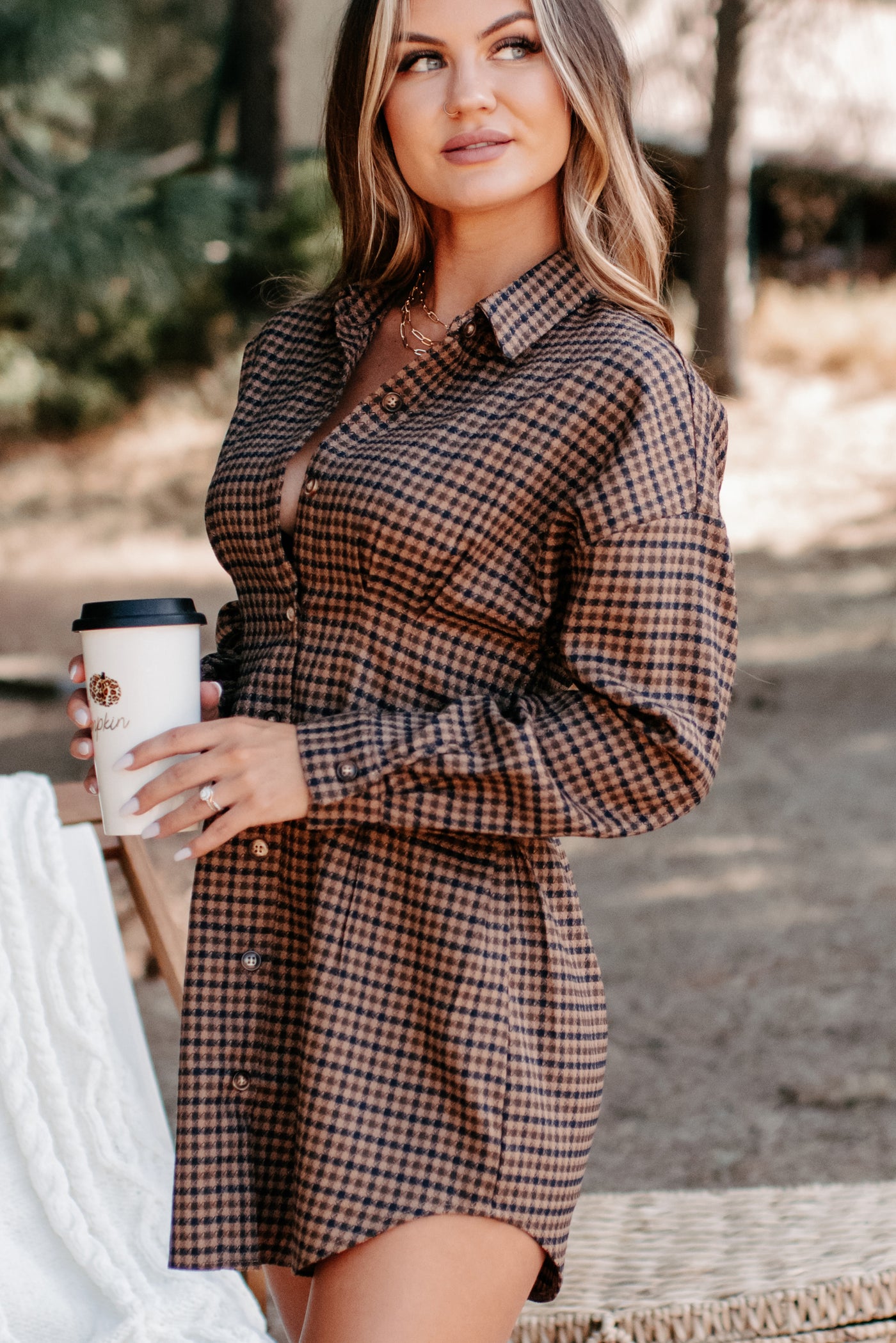 Divine Timing Houndstooth Button Up Dress (Brown) - NanaMacs