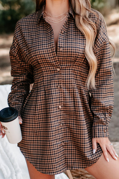 Divine Timing Houndstooth Button Up Dress (Brown) - NanaMacs