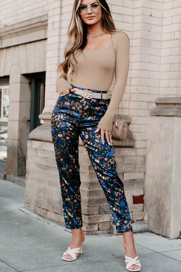 Growing Strong High Waisted Floral Print Pants (Navy Floral) - NanaMacs