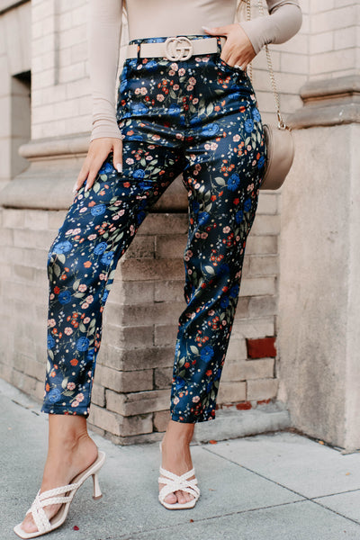 Growing Strong High Waisted Floral Print Pants (Navy Floral) - NanaMacs