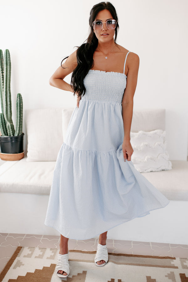 Twirl About Smocked Gingham Midi Dress (Sky Blue) - NanaMacs