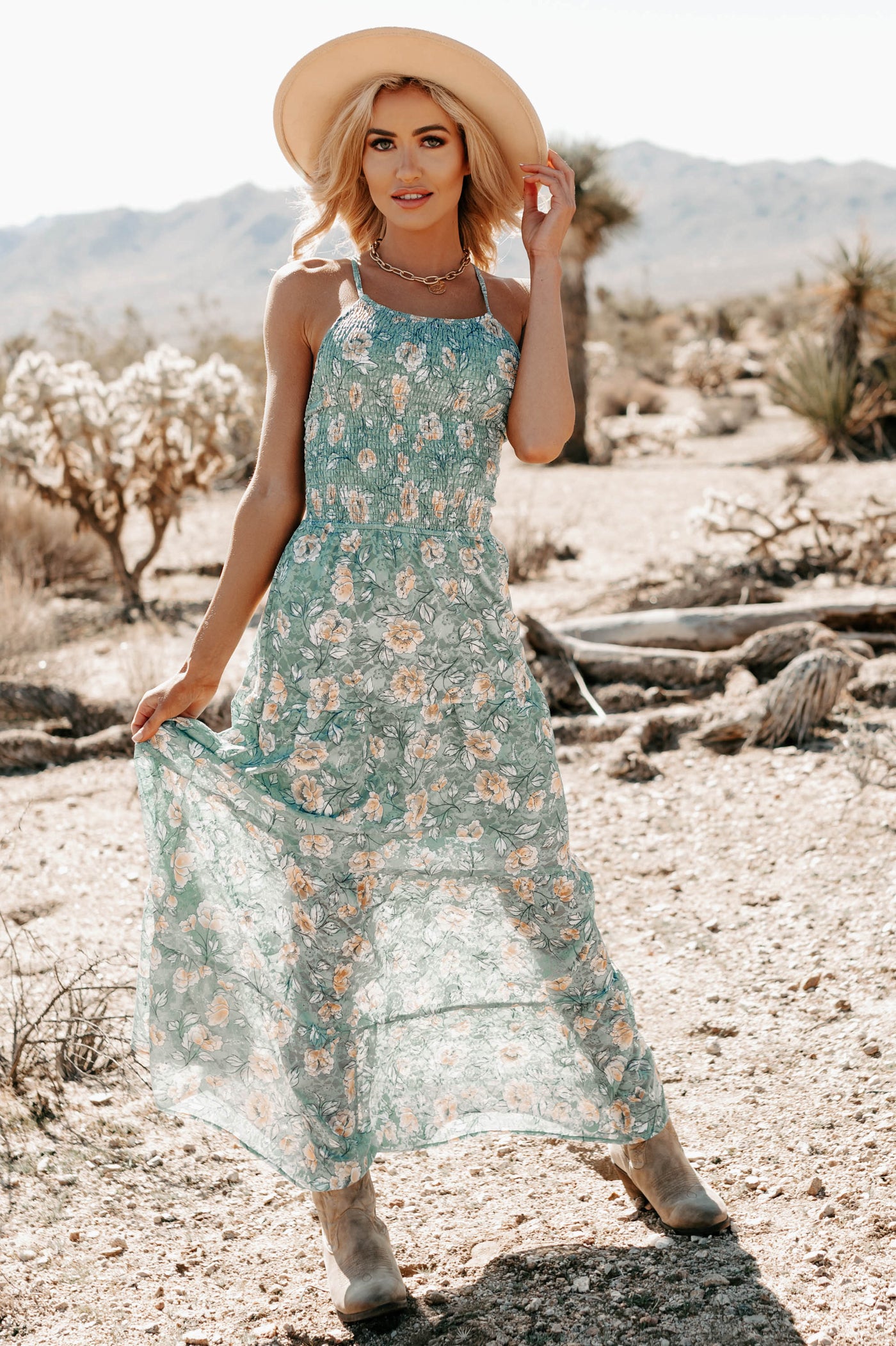 Eloisia Smocked Floral Lace Maxi Dress (Jade) - NanaMacs