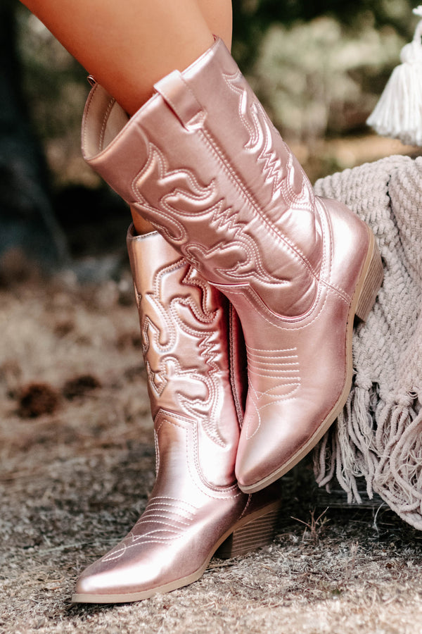 Buckle Babe Metallic Western Boots (Light Pink Metallic) - NanaMacs