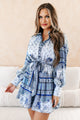 Much Respect Printed Collared Long Sleeve Mini Dress (Blue) - NanaMacs