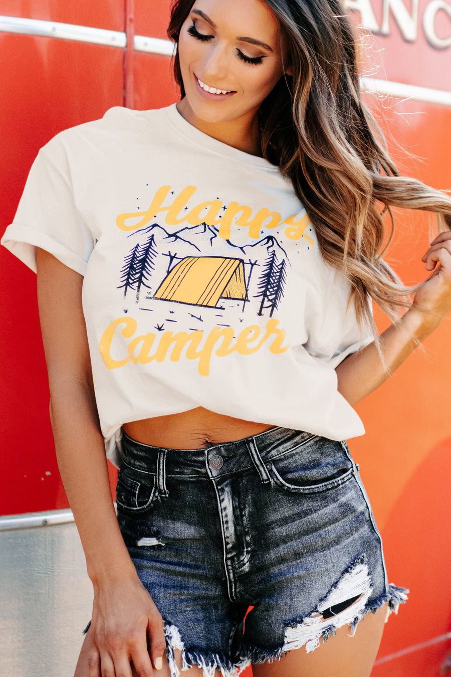 "Happy Camper" Oversized Graphic Top (Sand) - NanaMacs