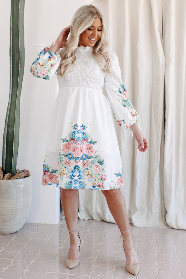 Haisley Long Sleeve Smocked Floral Midi Dress (Off White) - NanaMacs