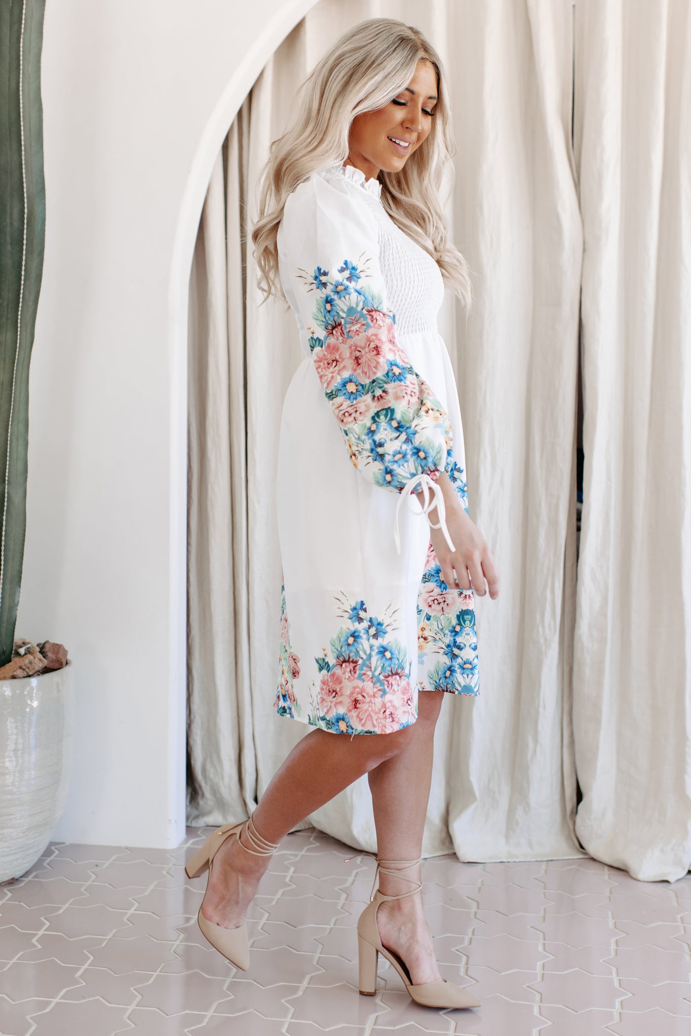 Haisley Long Sleeve Smocked Floral Midi Dress (Off White) - NanaMacs