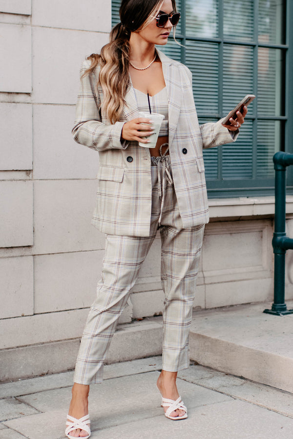 Clear It With Legal Plaid Three-Piece Blazer Set (Mocha Combo) - NanaMacs