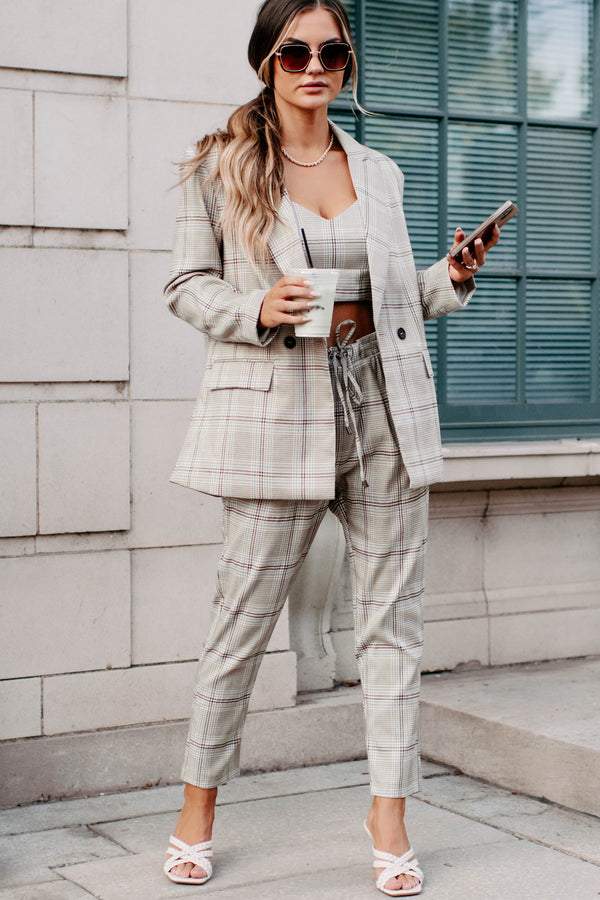 Clear It With Legal Plaid Three-Piece Blazer Set (Mocha Combo) - NanaMacs