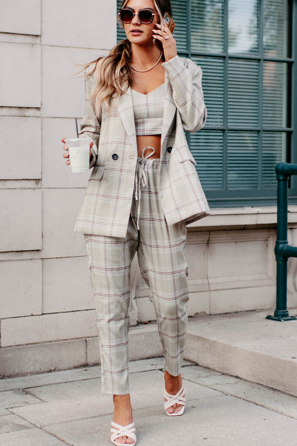 Clear It With Legal Plaid Three-Piece Blazer Set (Mocha Combo) - NanaMacs