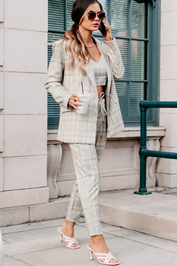 Clear It With Legal Plaid Three-Piece Blazer Set (Mocha Combo) - NanaMacs