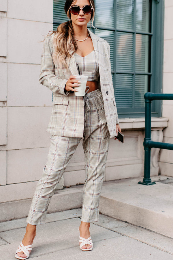 Clear It With Legal Plaid Three-Piece Blazer Set (Mocha Combo) - NanaMacs