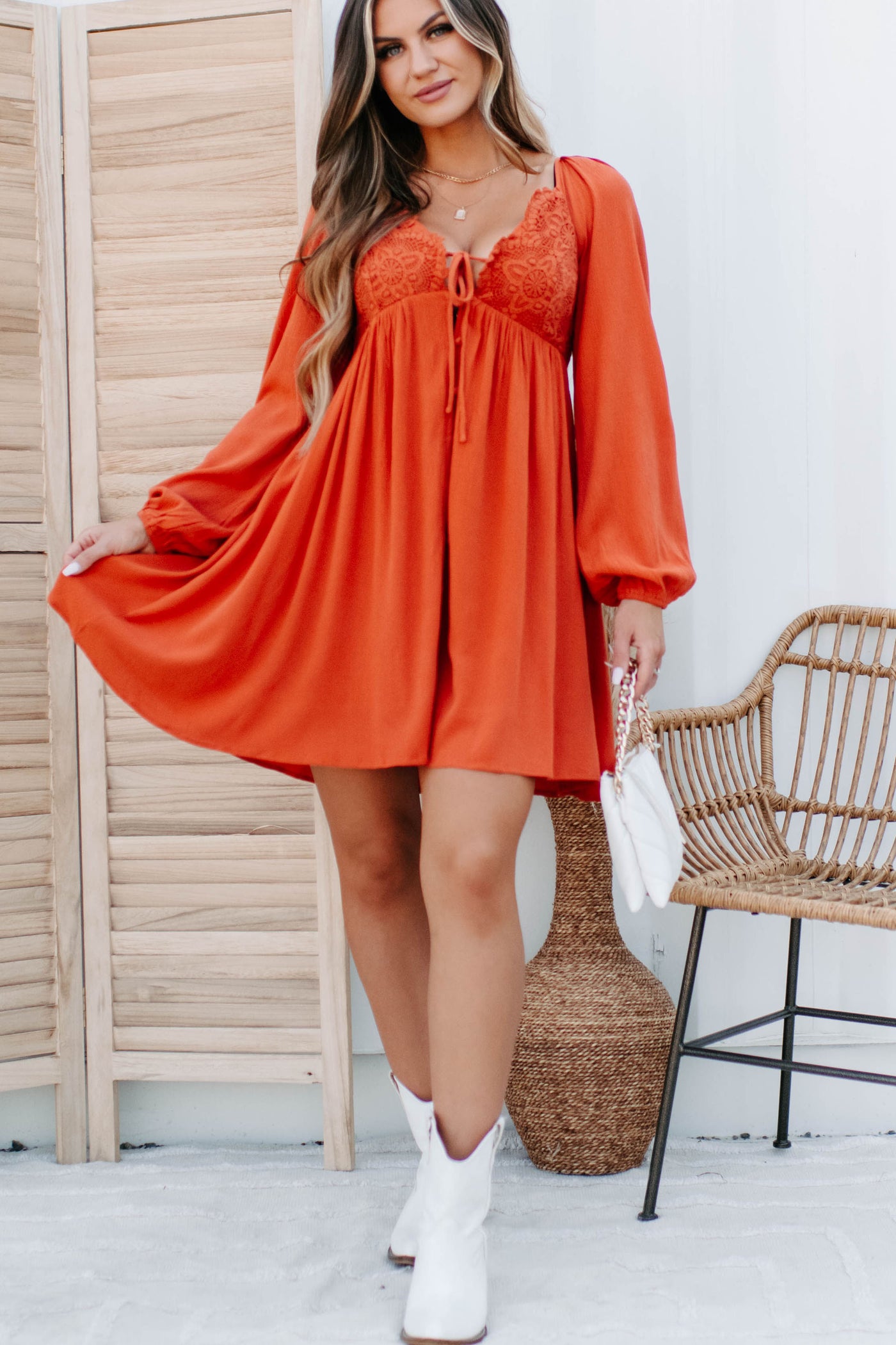 Needing Time & Space Lace Detailed Babydoll Dress (Orange) - NanaMacs