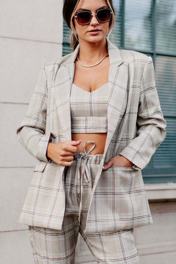 Clear It With Legal Plaid Three-Piece Blazer Set (Mocha Combo) - NanaMacs