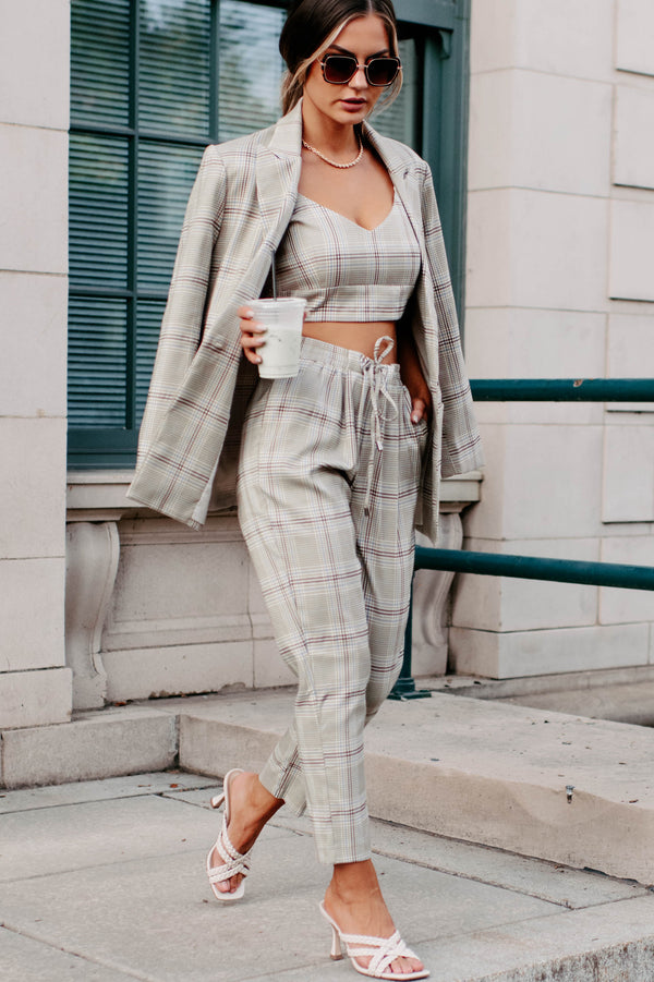 Clear It With Legal Plaid Three-Piece Blazer Set (Mocha Combo) - NanaMacs