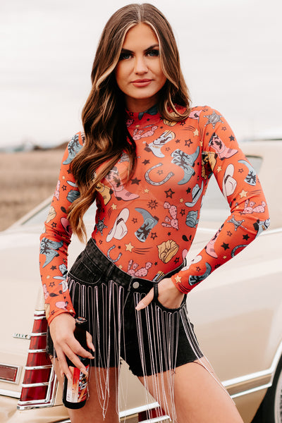 Rodeo Bound Printed Mesh Bodysuit (Rust/Multi) - NanaMacs