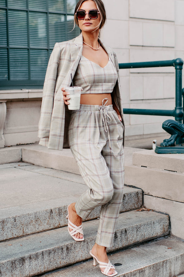 Clear It With Legal Plaid Three-Piece Blazer Set (Mocha Combo) - NanaMacs