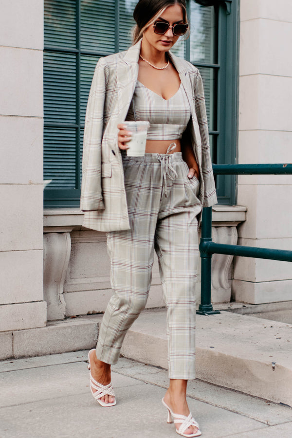 Clear It With Legal Plaid Three-Piece Blazer Set (Mocha Combo) - NanaMacs