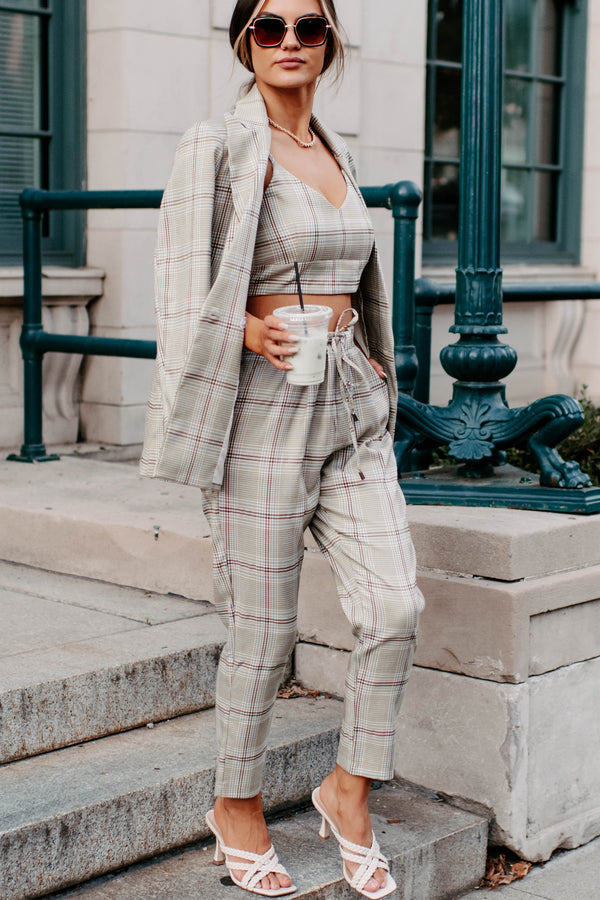 Clear It With Legal Plaid Three-Piece Blazer Set (Mocha Combo) - NanaMacs