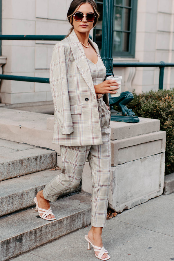 Clear It With Legal Plaid Three-Piece Blazer Set (Mocha Combo) - NanaMacs