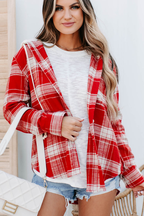 Bonfire Party Hooded Flannel Shirt (Red) - NanaMacs