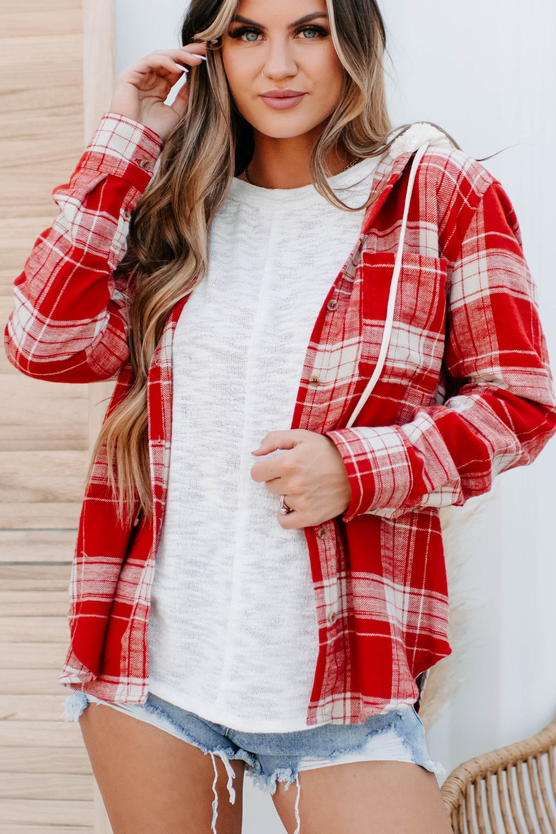 Red hooded flannel online shirt