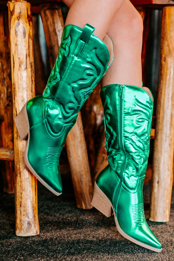 Staying Vibrant Metallic Cowboy Boots (Green) - NanaMacs