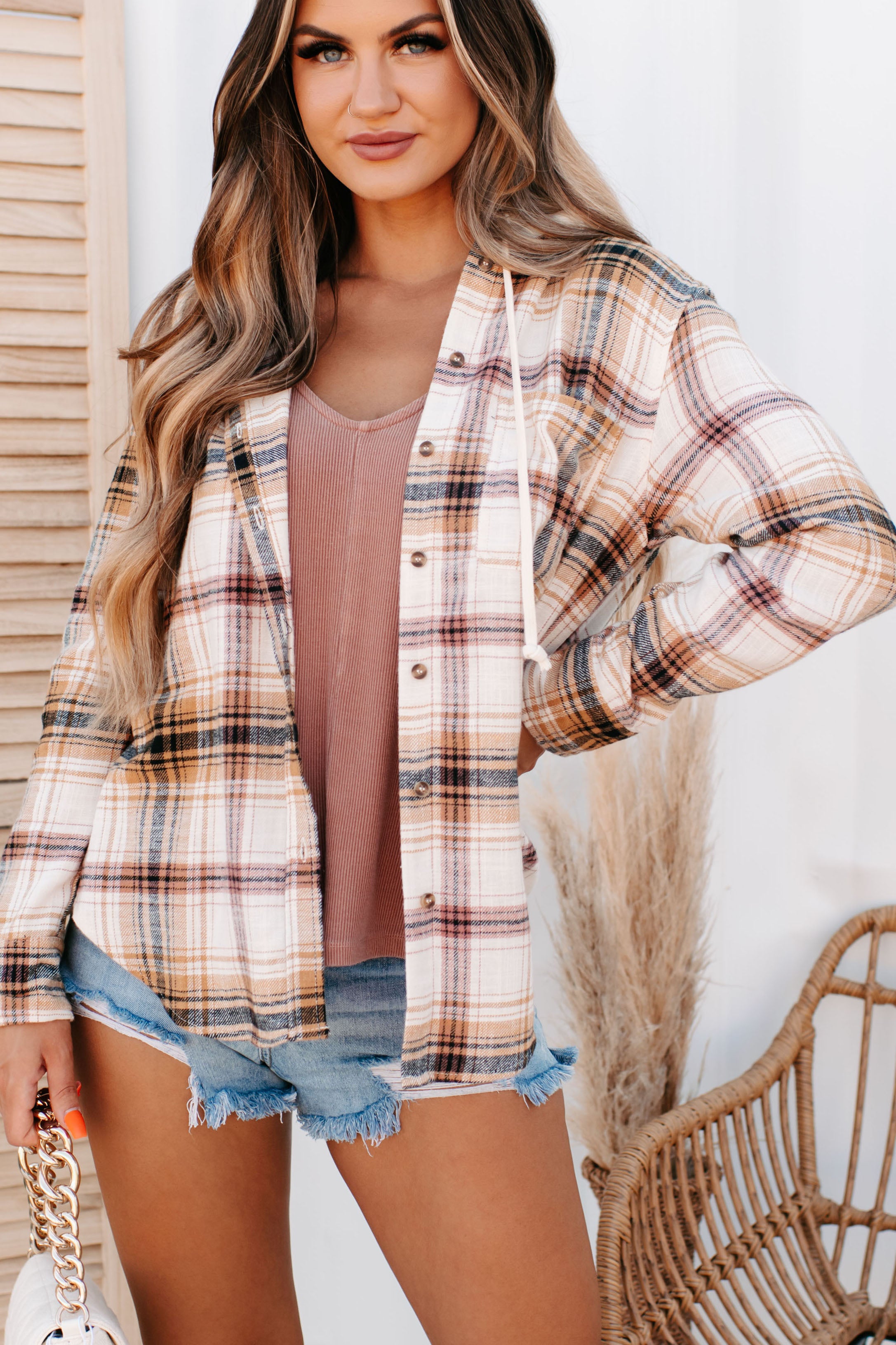 Autumn Fave Hooded Plaid Button-Down Shirt (Saffron) · NanaMacs