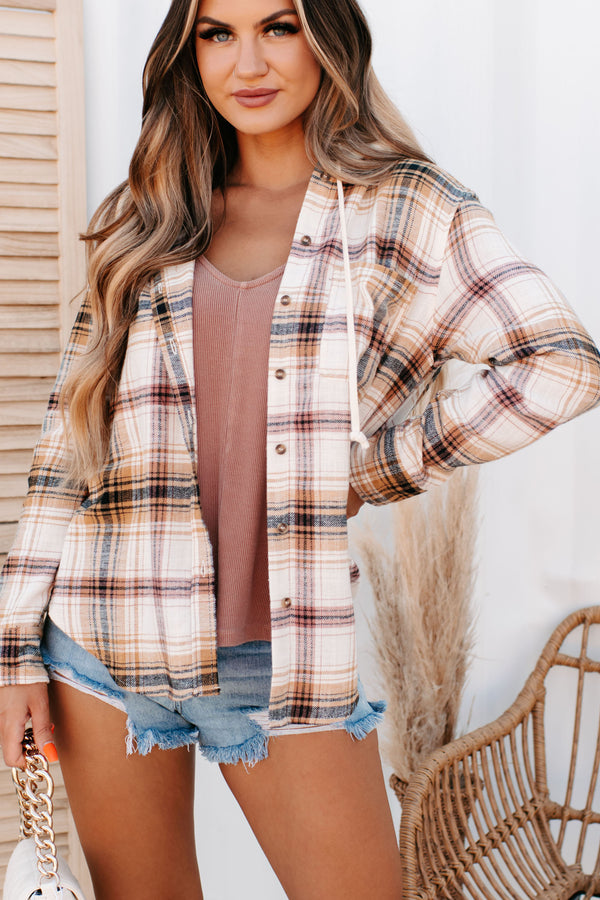 Autumn Fave Hooded Plaid Button-Down Shirt (Saffron) - NanaMacs