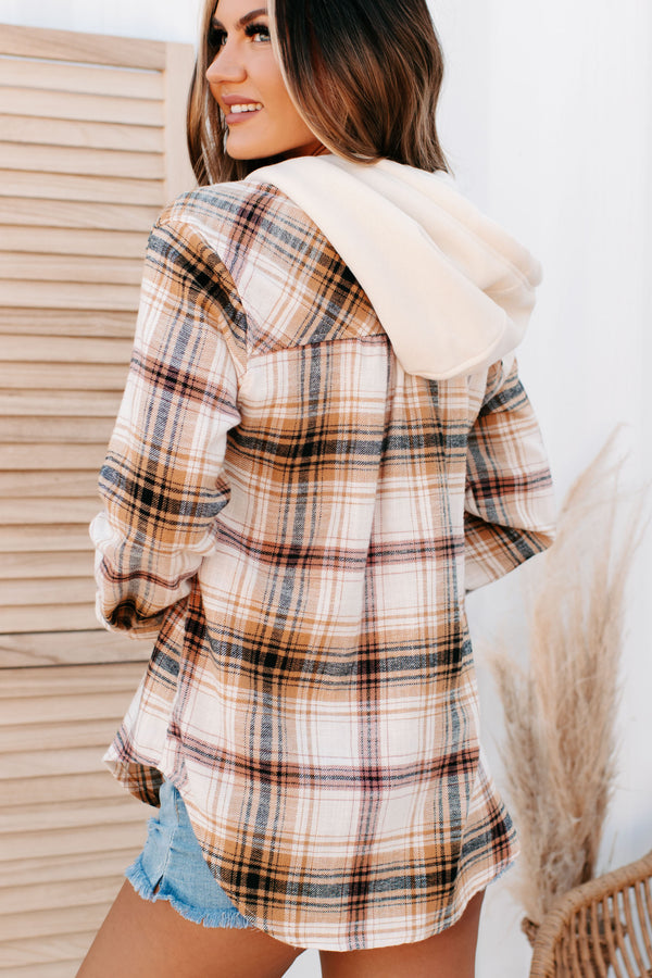 Autumn Fave Hooded Plaid Button-Down Shirt (Saffron) - NanaMacs