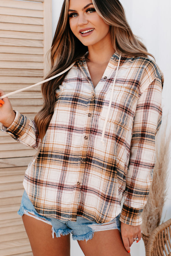 Autumn Fave Hooded Plaid Button-Down Shirt (Saffron) - NanaMacs