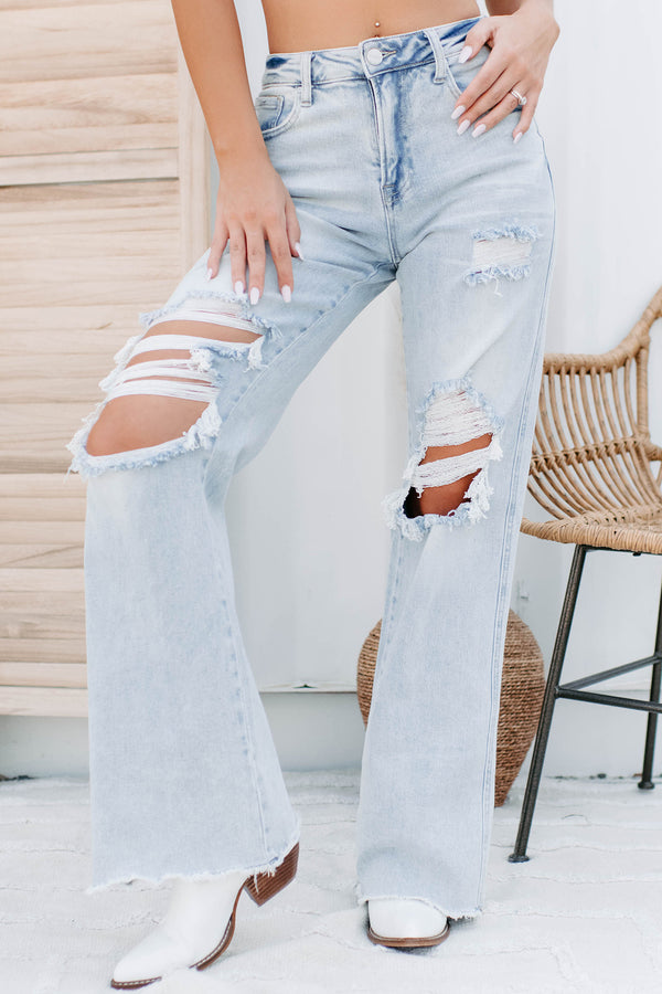 Abrielle High Rise Distressed Risen Wide Leg Jeans (Light) - NanaMacs