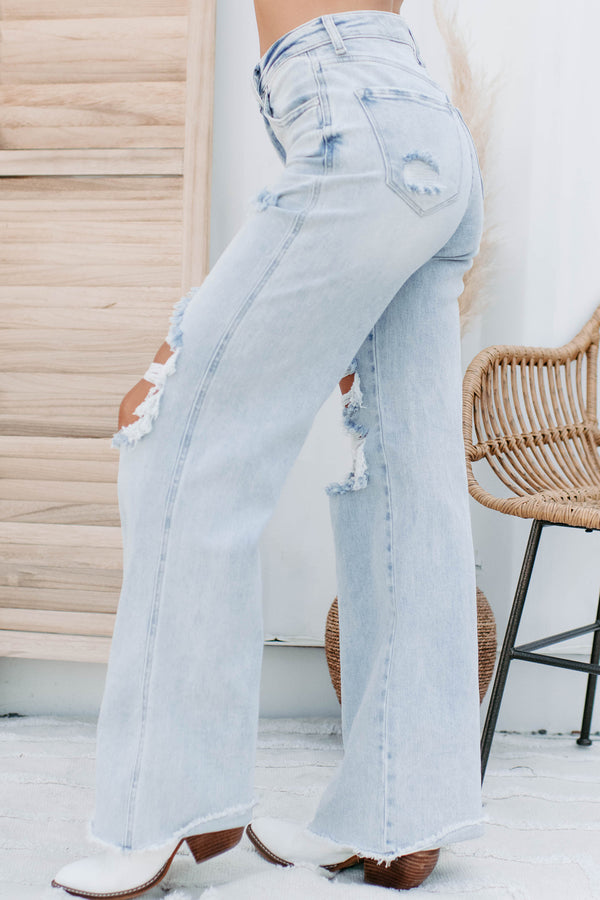 Abrielle High Rise Distressed Risen Wide Leg Jeans (Light) - NanaMacs