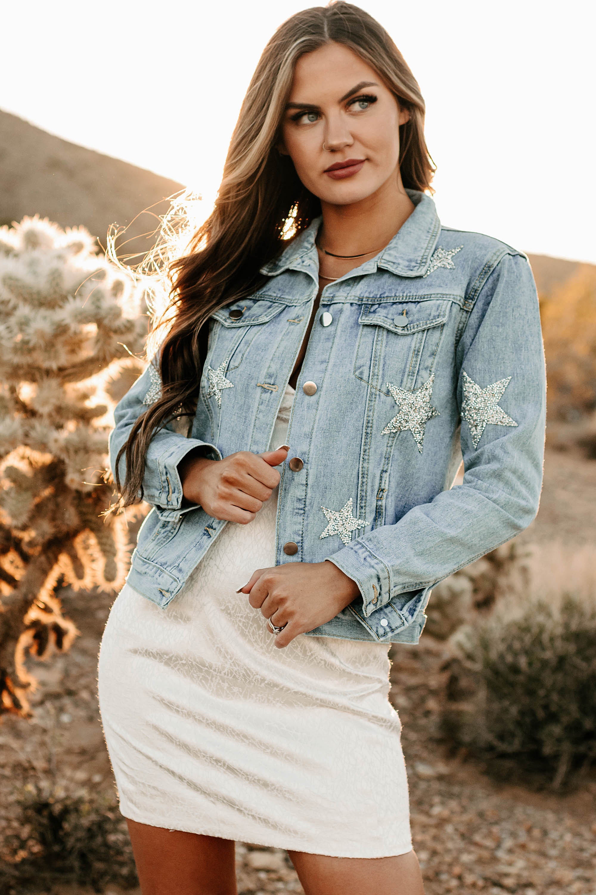 Embellished white outlet denim jacket