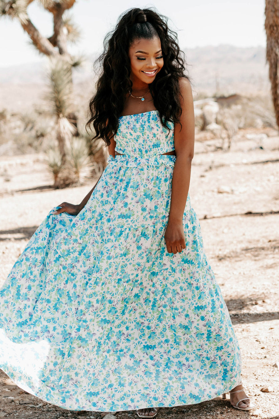 Blooming Into Style Strapless Floral Maxi Dress (White/Aqua Blue) - NanaMacs