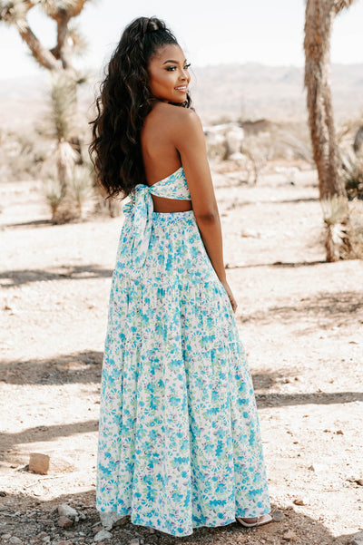 Blooming Into Style Strapless Floral Maxi Dress (White/Aqua Blue) - NanaMacs