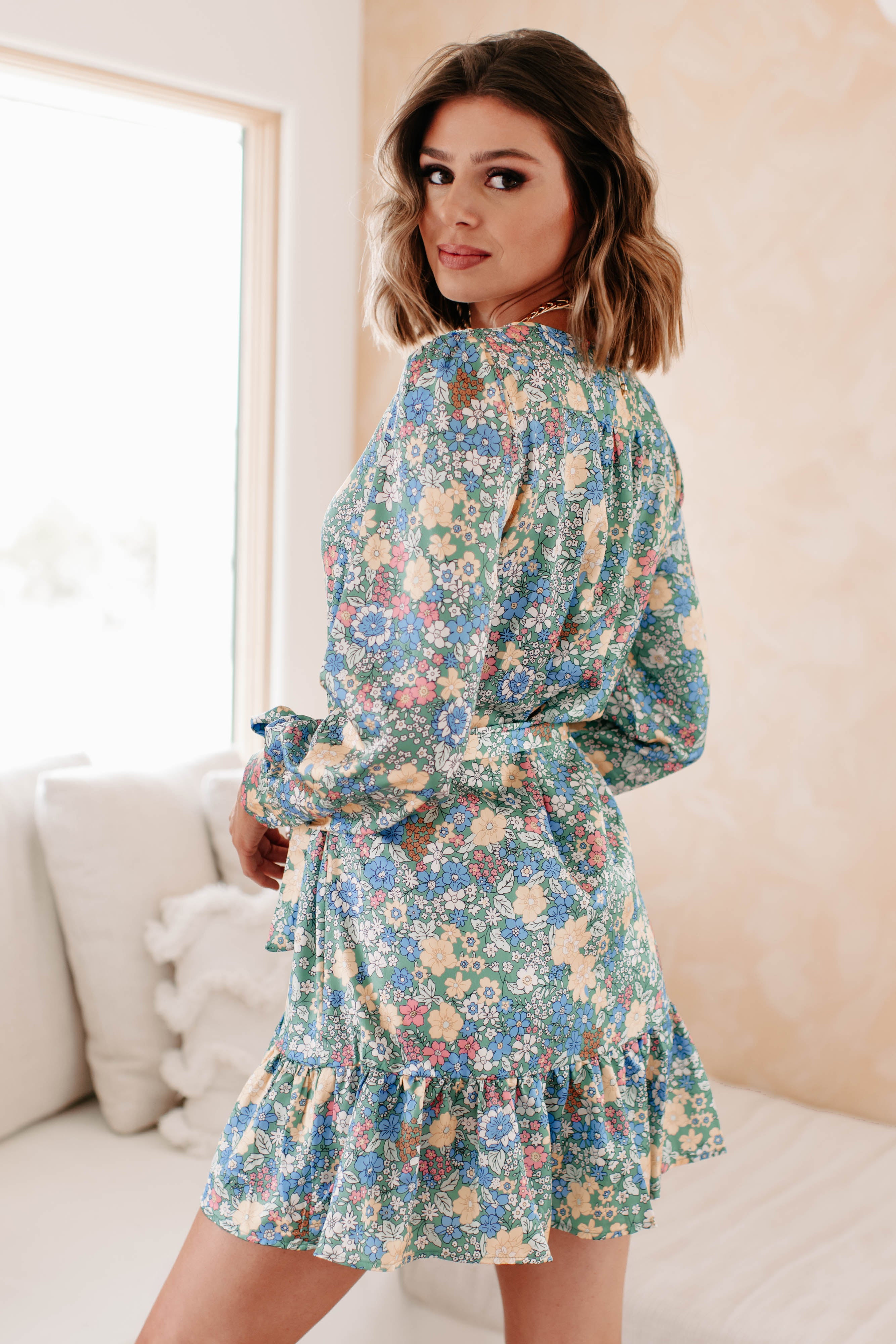 Finding My Passion Floral Wrap Dress (Dusty Green/Multi) - NanaMacs