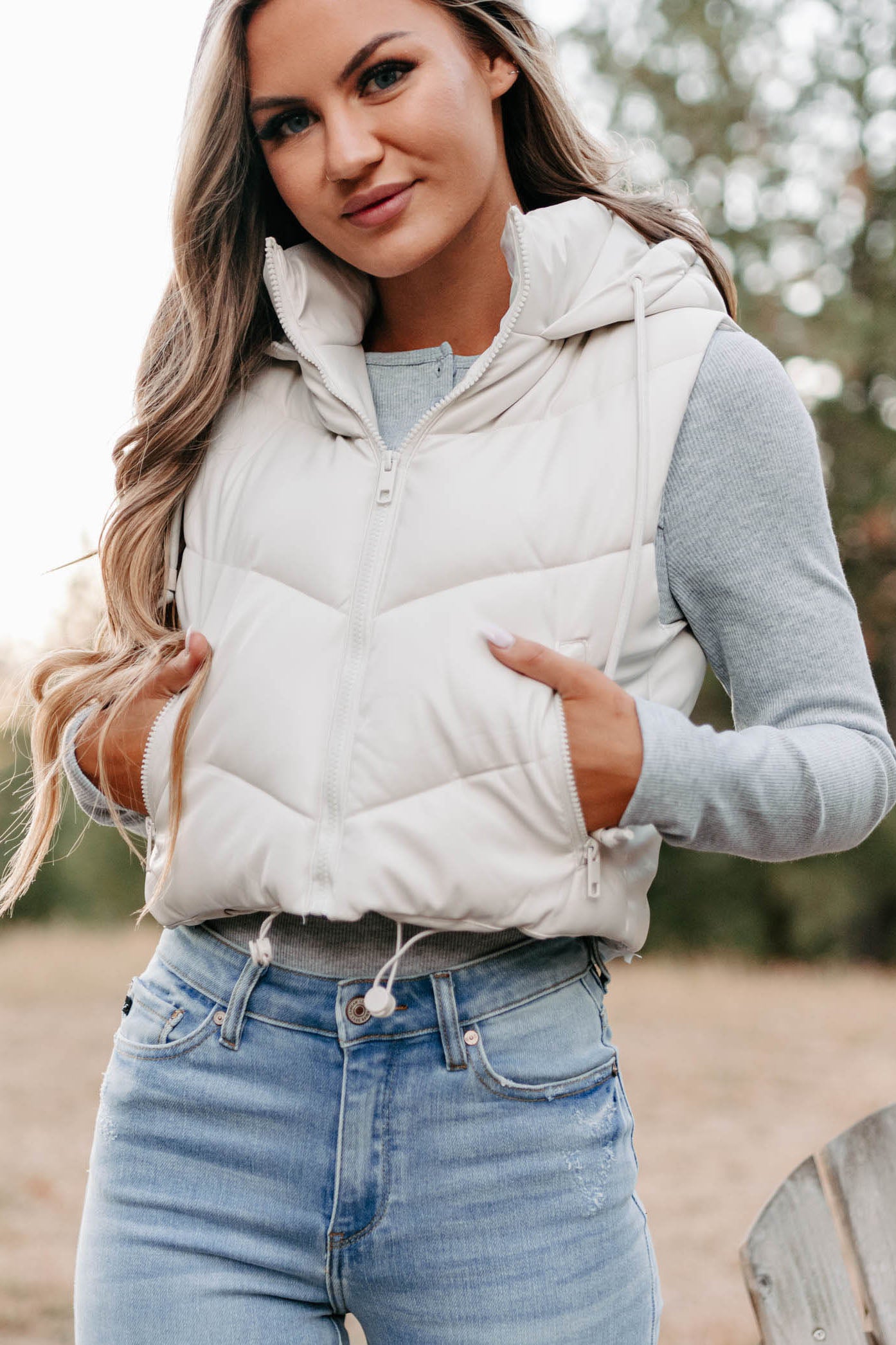 Arctic Chic Hooded Faux Leather Puffer Vest (Off White) - NanaMacs