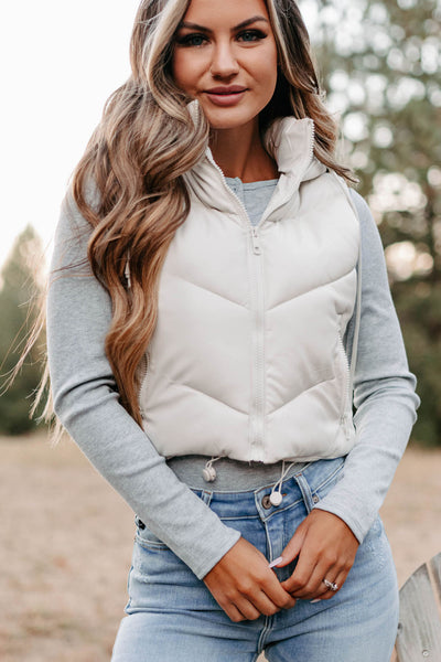 Arctic Chic Hooded Faux Leather Puffer Vest (Off White) - NanaMacs