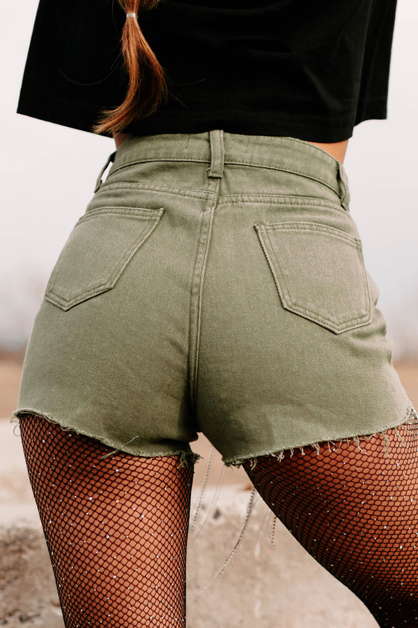 Came To Party High Waisted Rhinestone Fringe Denim Shorts (Olive) - NanaMacs