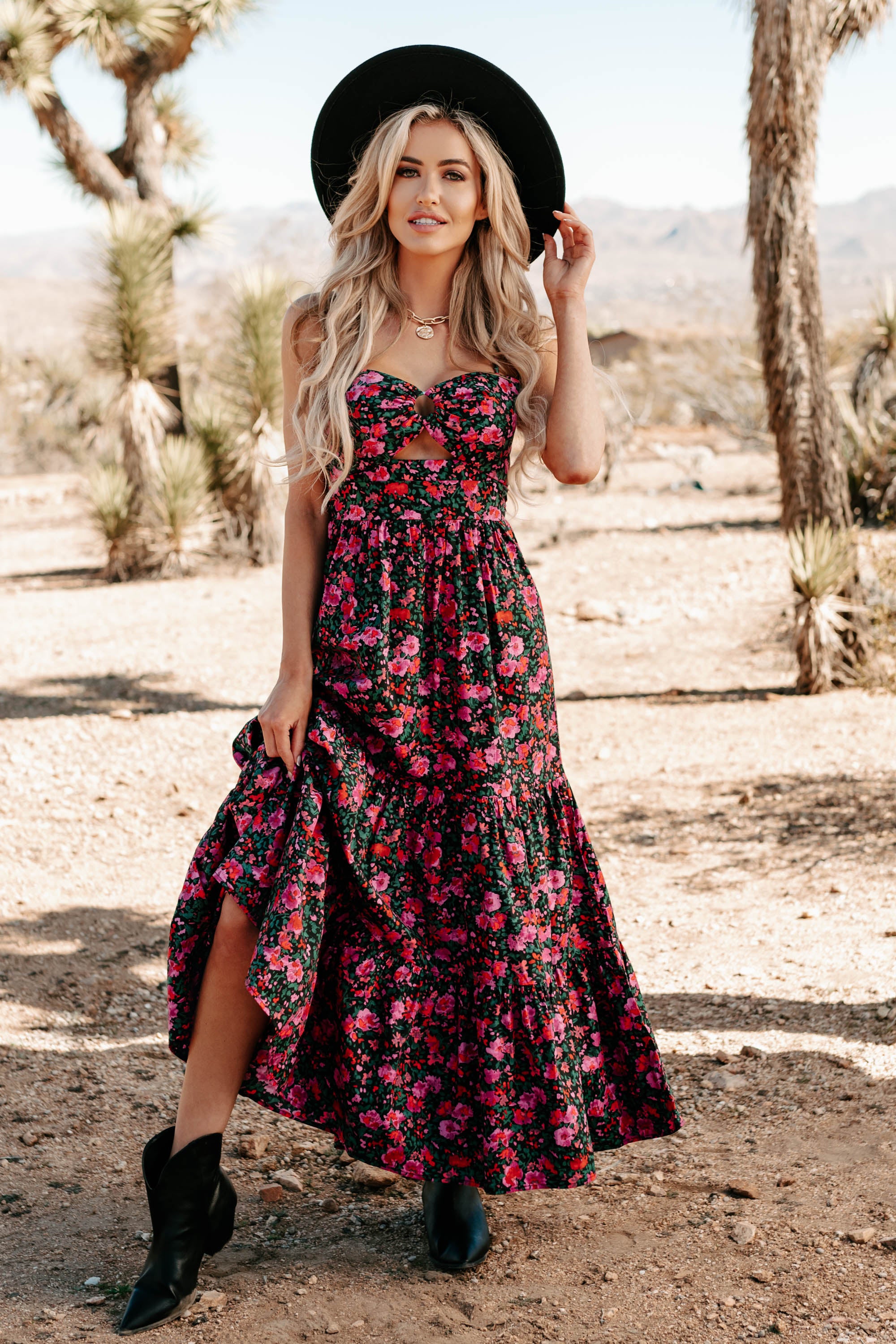 Like A Rose Floral Tiered Cut-Out Maxi Dress (Black) - NanaMacs